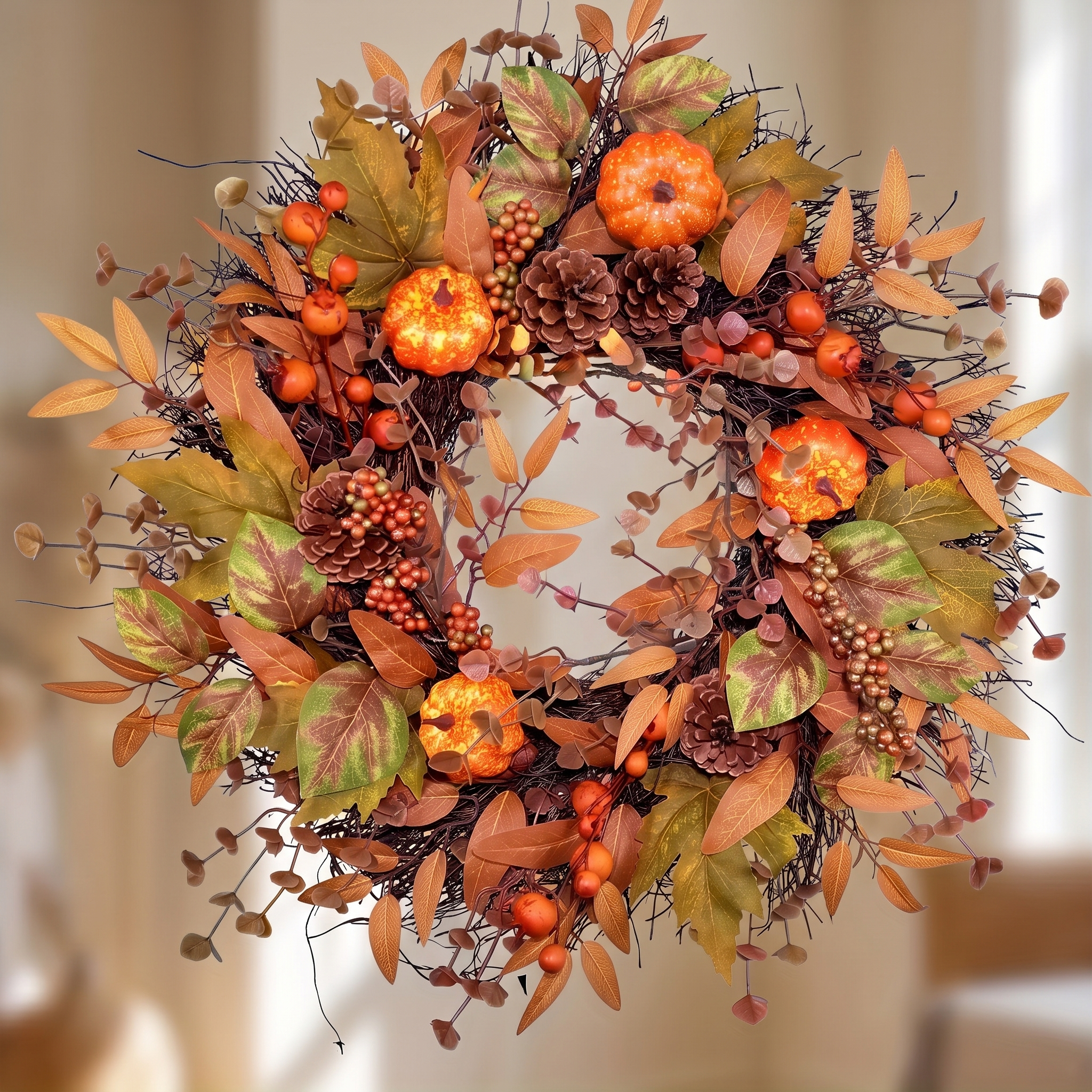 Close up of the pumpkins and pinecones on the fall wreath