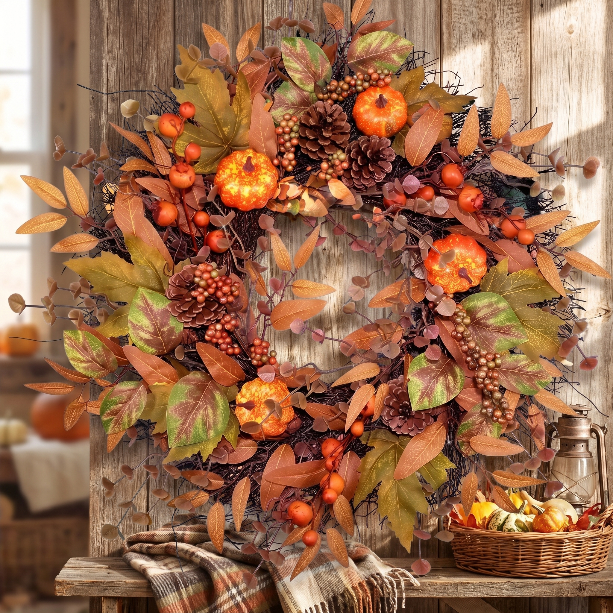 Fall pumpkin wreath on a rustic wall with autumn decor