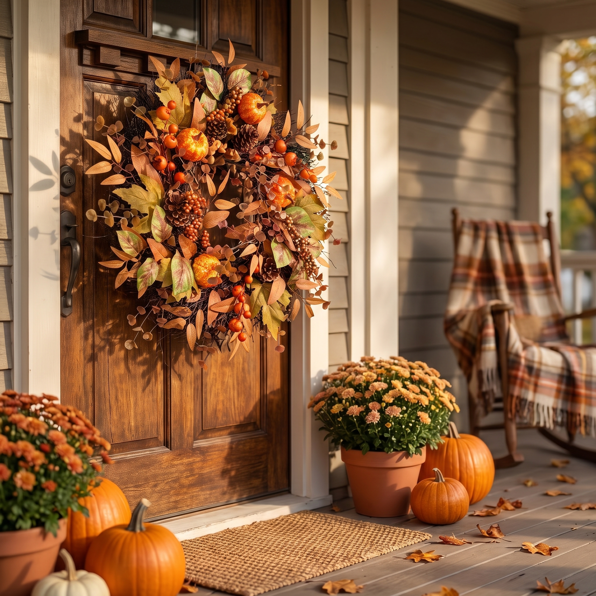 Fall pumpkin wreath on a decorated front door with a cozy porch