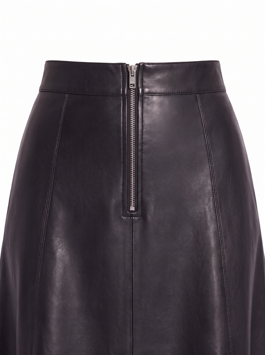 Faux leather skirt waistband and zipper close up detail