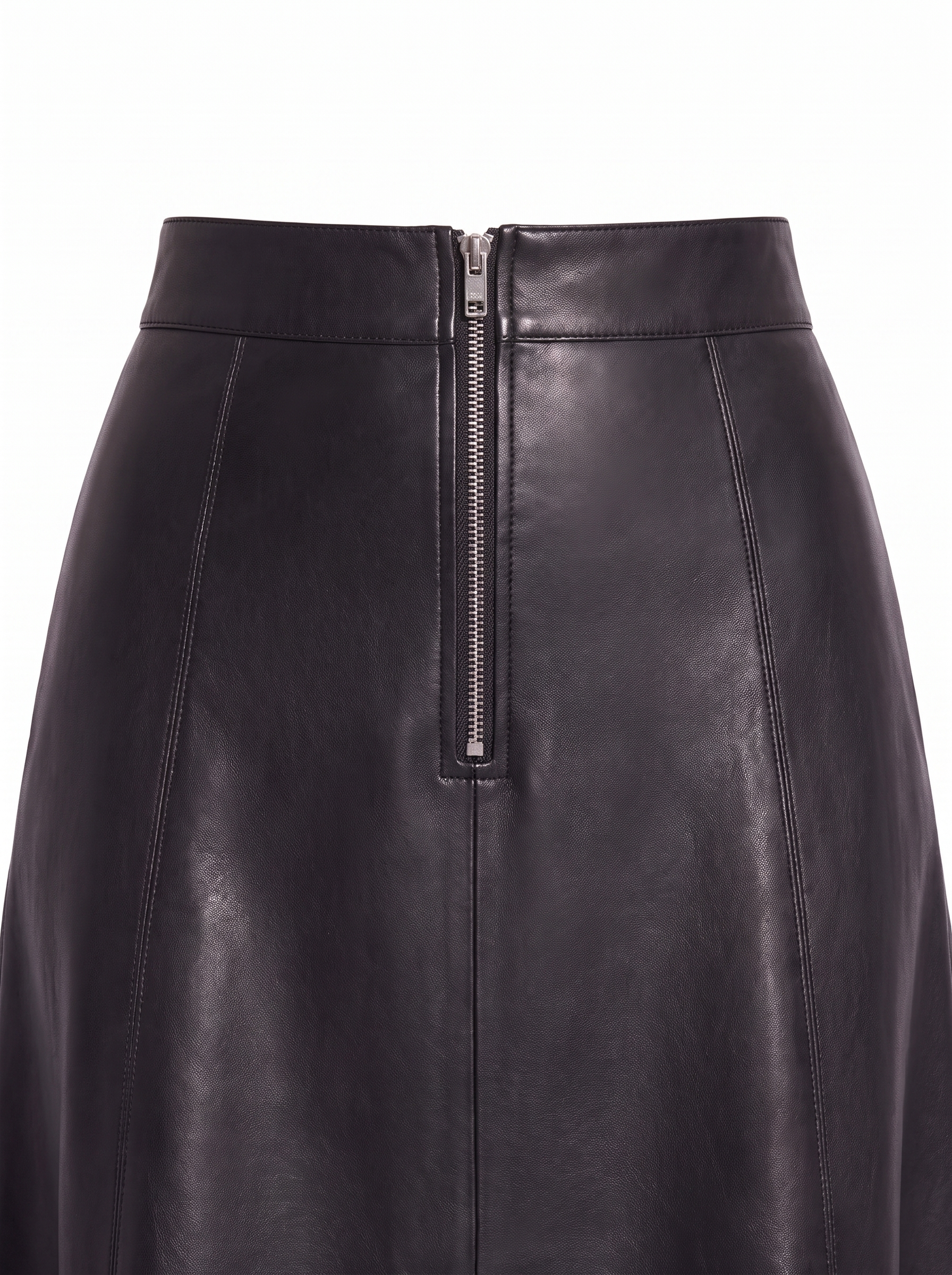 Faux leather skirt waistband and zipper close up detail