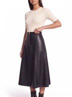Faux leather midi skirt flare and length, three quarter view