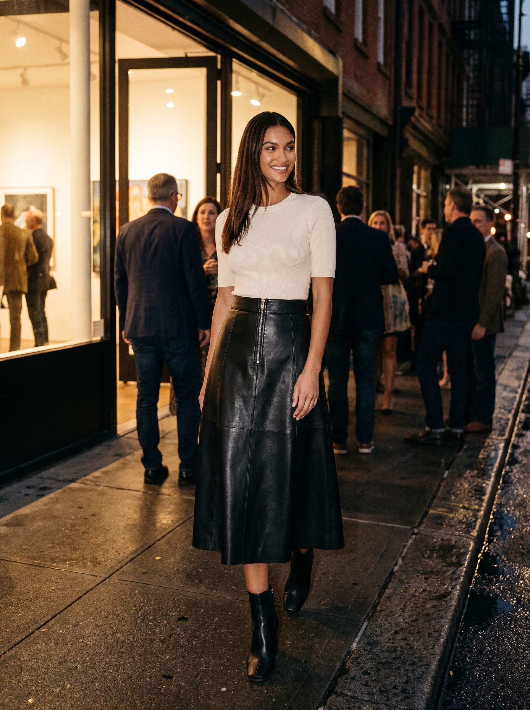 Black faux leather midi skirt worn in the evening, lifestyle view