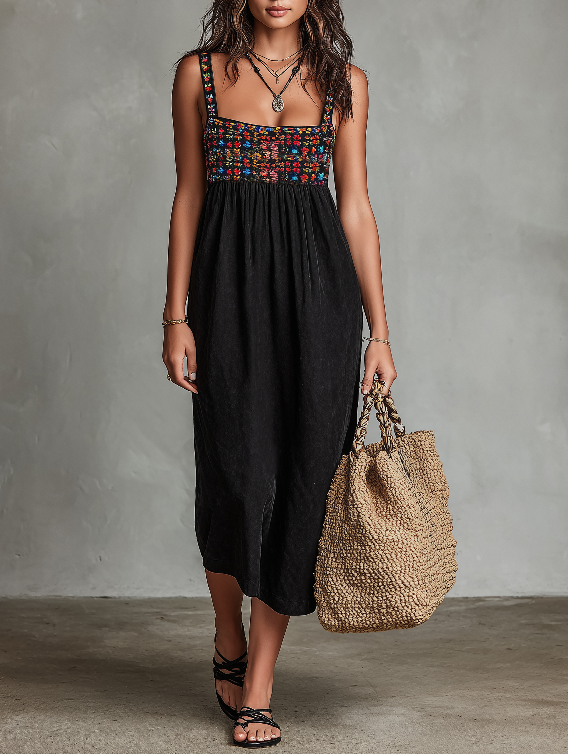Faux suede embroidered midi dress in black, front view