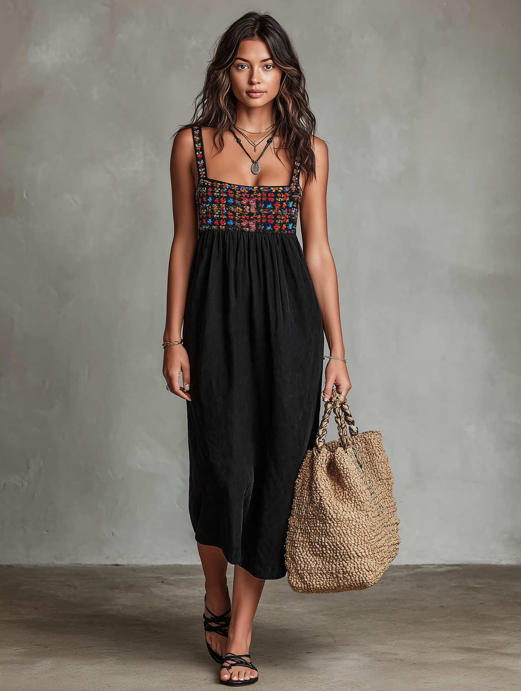 Faux suede embroidered midi dress full length view