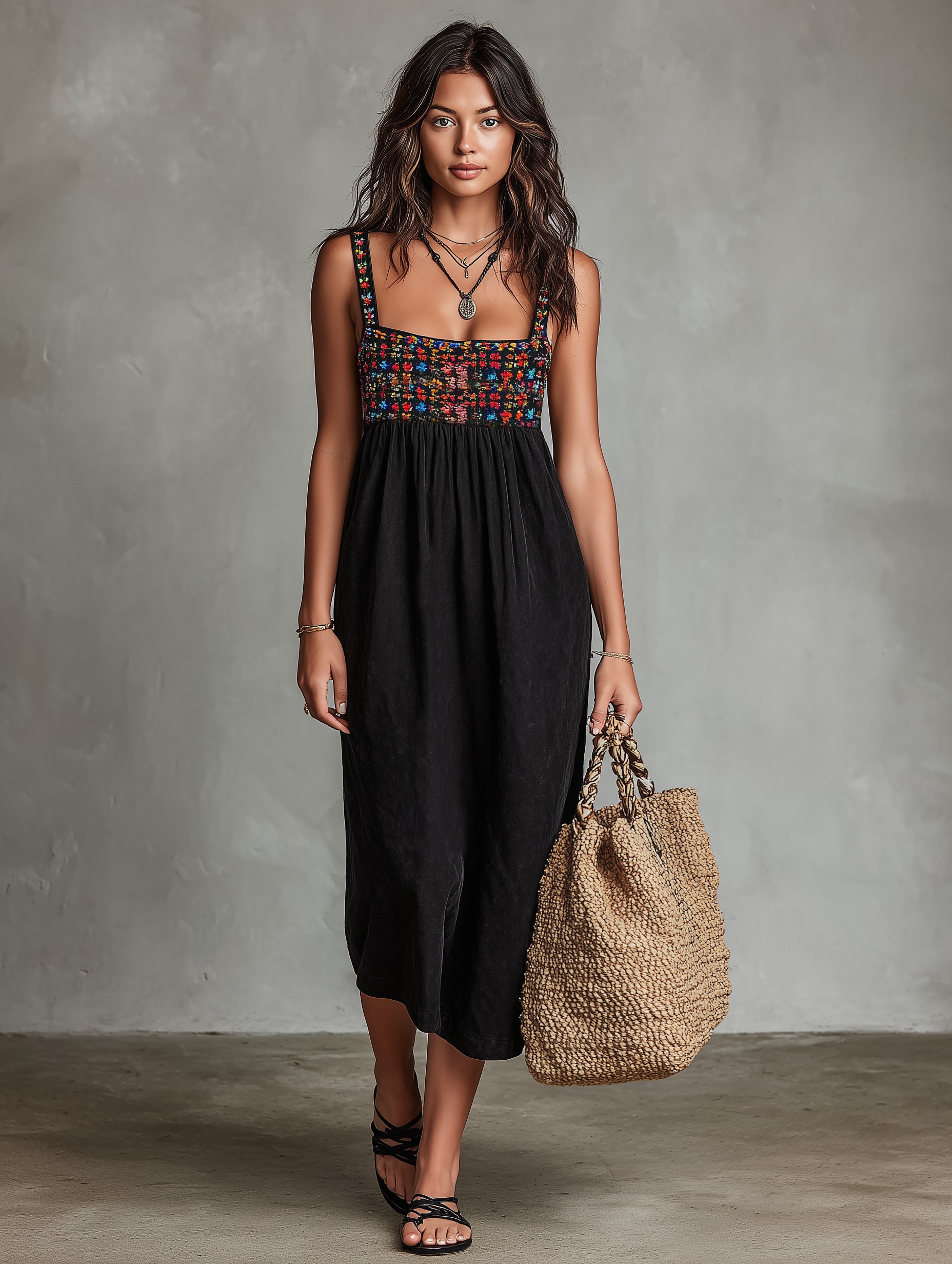 Faux suede embroidered midi dress full length view