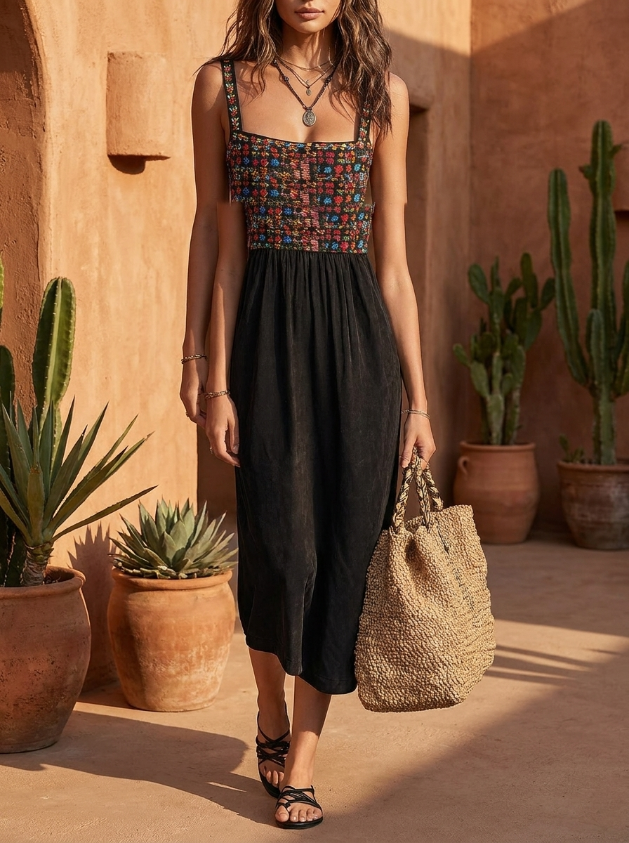 Woman wearing the black faux suede embroidered midi dress in a sunlit courtyard