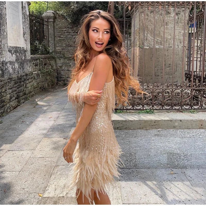 Feather-trim mini dress, side view