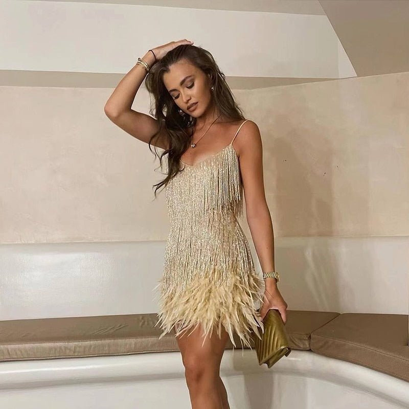 Gold feather-trim mini dress, front view