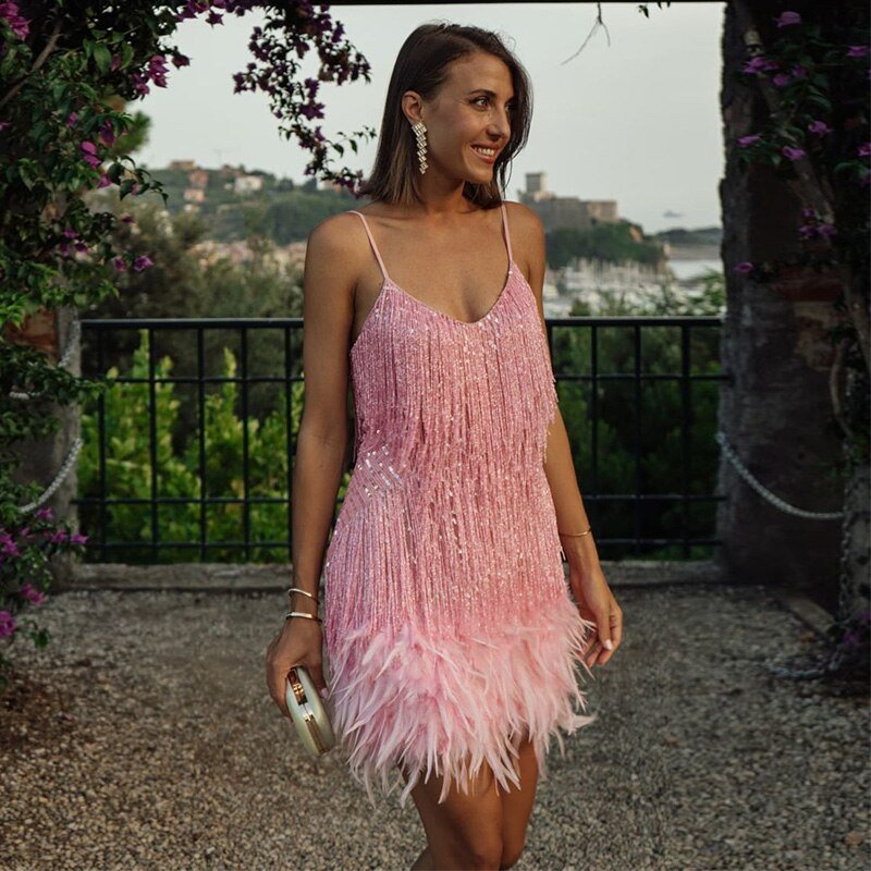 Pink feather-trim mini dress, front view