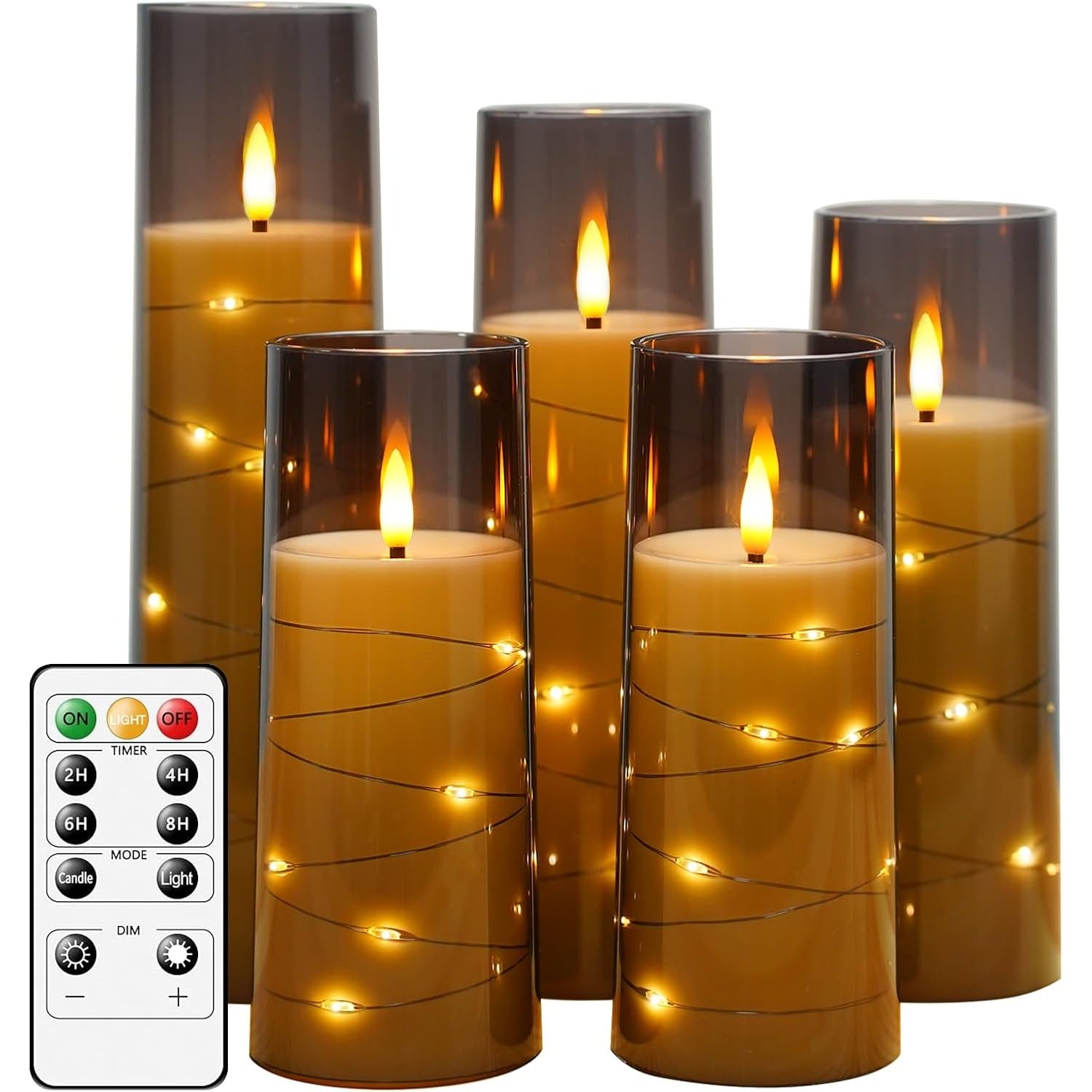 Set of five flameless LED candles with star string lights inside