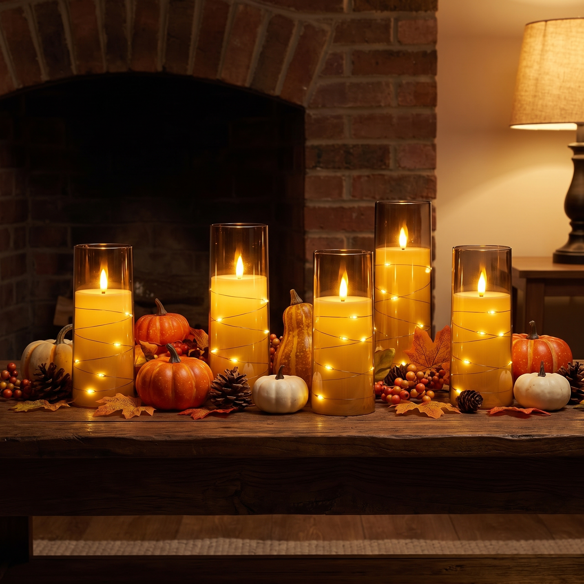 Flameless star string candles glowing on a mantel