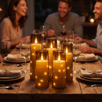Flameless candles used as a dinner table centerpiece