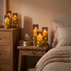 Flameless star candles glowing in a cozy bedroom