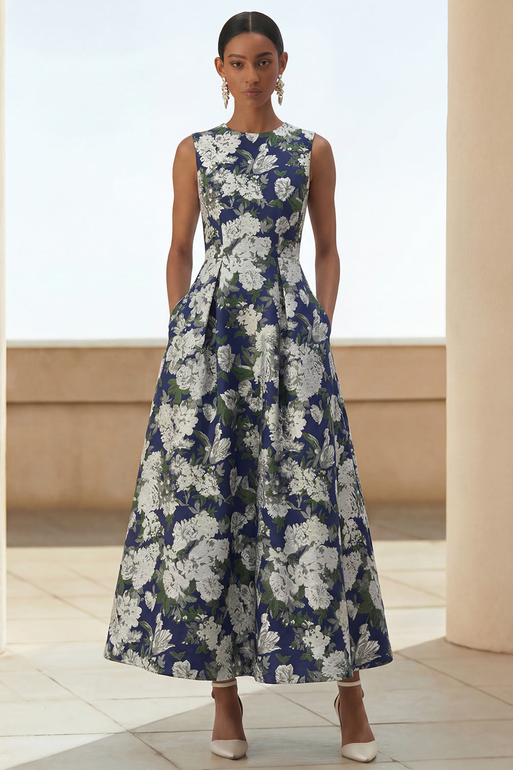 Navy floral A-line dress with side pockets