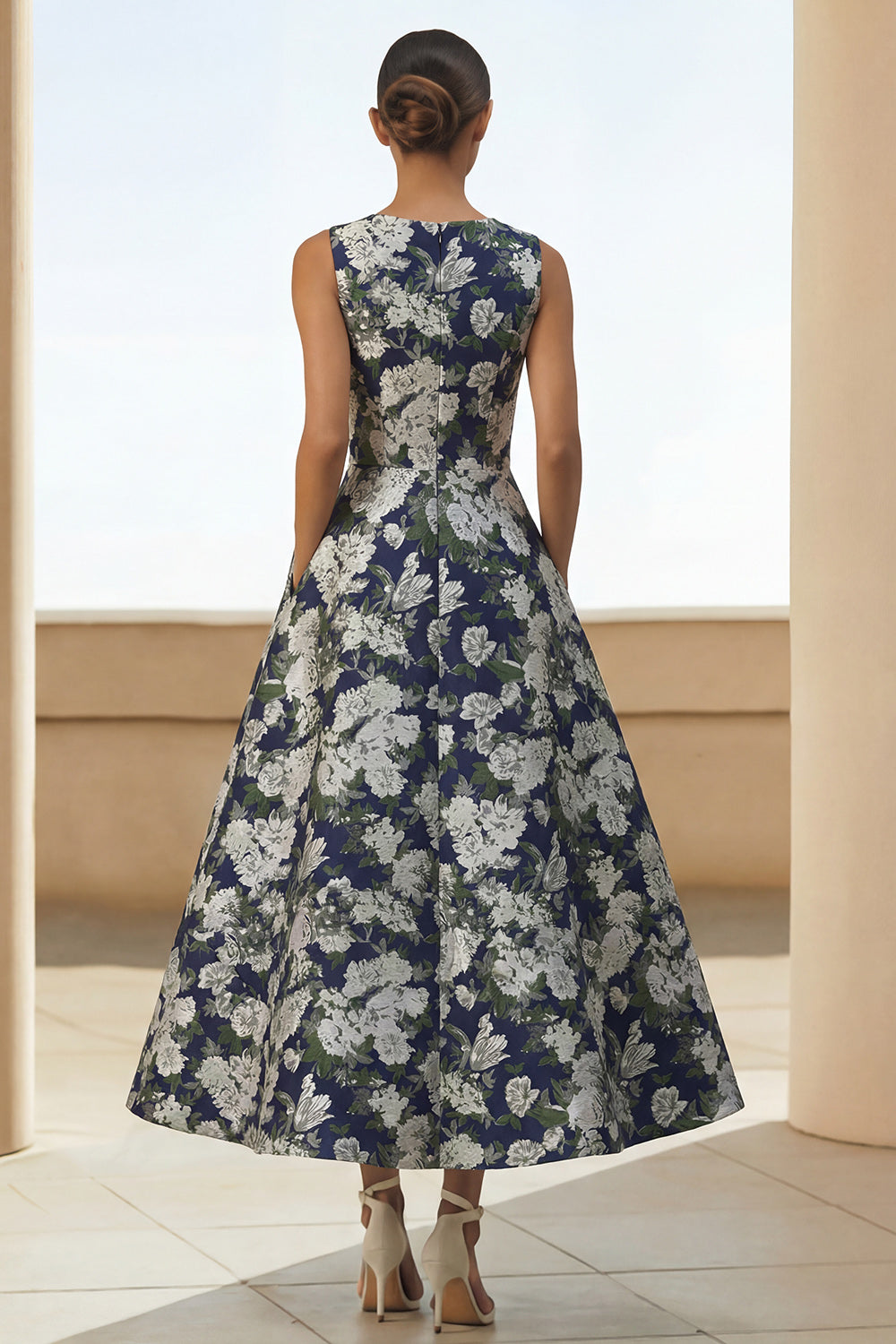 Navy floral A-line dress with side pockets, alternate view