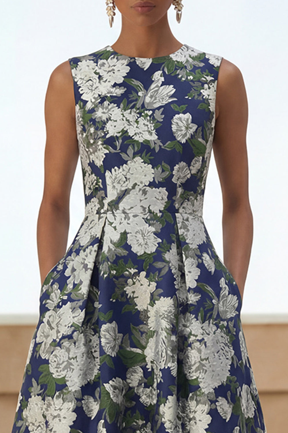 Navy floral A-line dress with side pockets, additional view