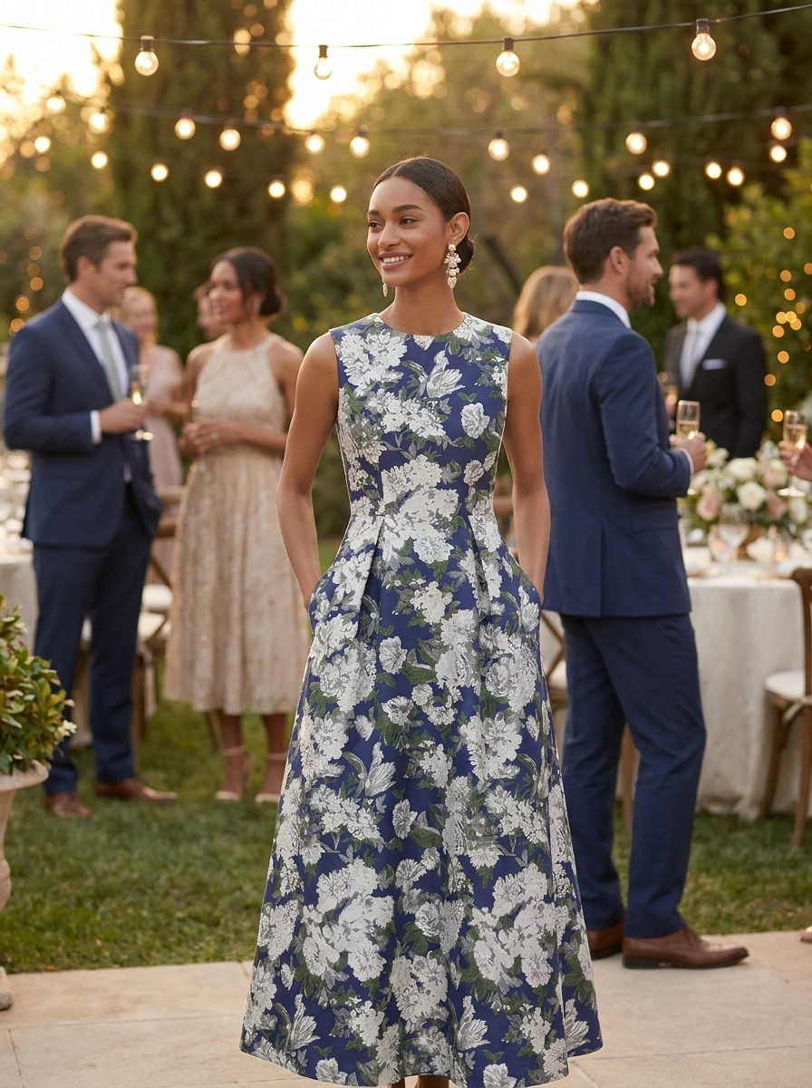 Woman wearing the navy floral A-line dress at an outdoor wedding reception