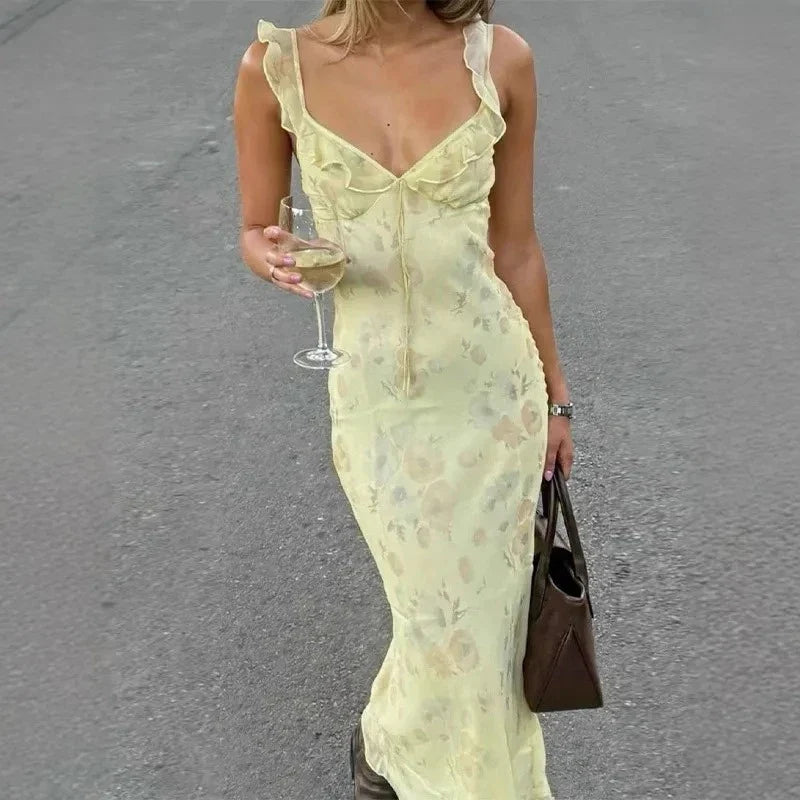 Floral sling dress in the yellow print