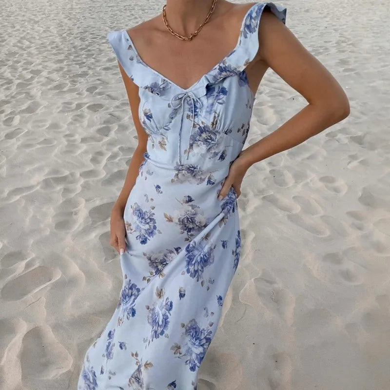 Floral sling dress in the blue print
