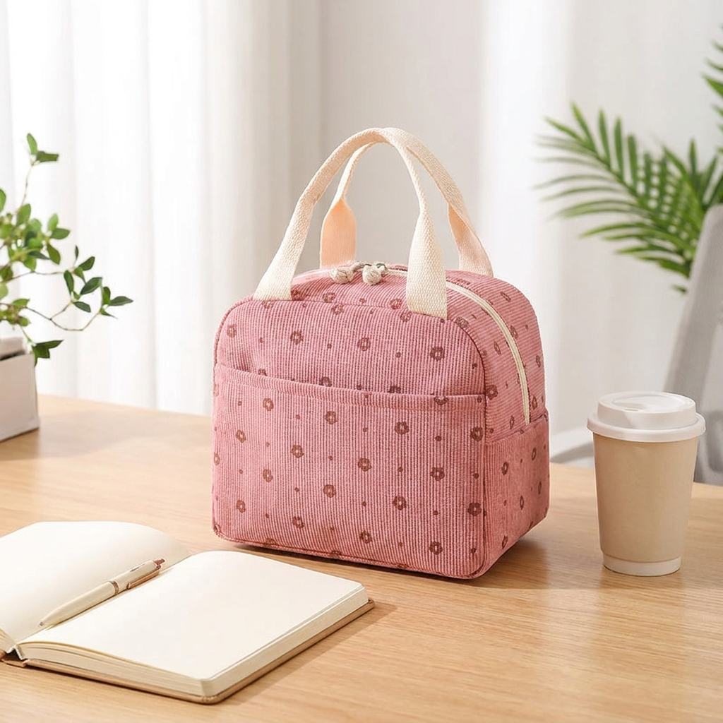 Floral corduroy insulated lunch bag on a wooden desk beside a notebook and coffee