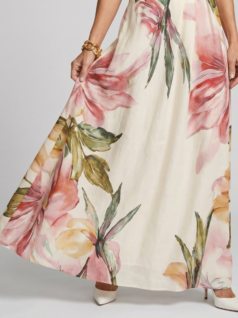 Halter neckline detail of the floral maxi dress