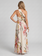Floral print and fabric detail of the maxi dress