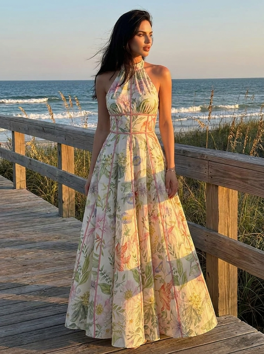 Woman wearing the floral halter neck maxi dress on a coastal boardwalk