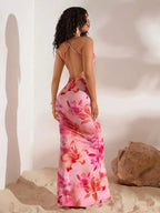 Detail of the draped neckline on the floral knit maxi dress