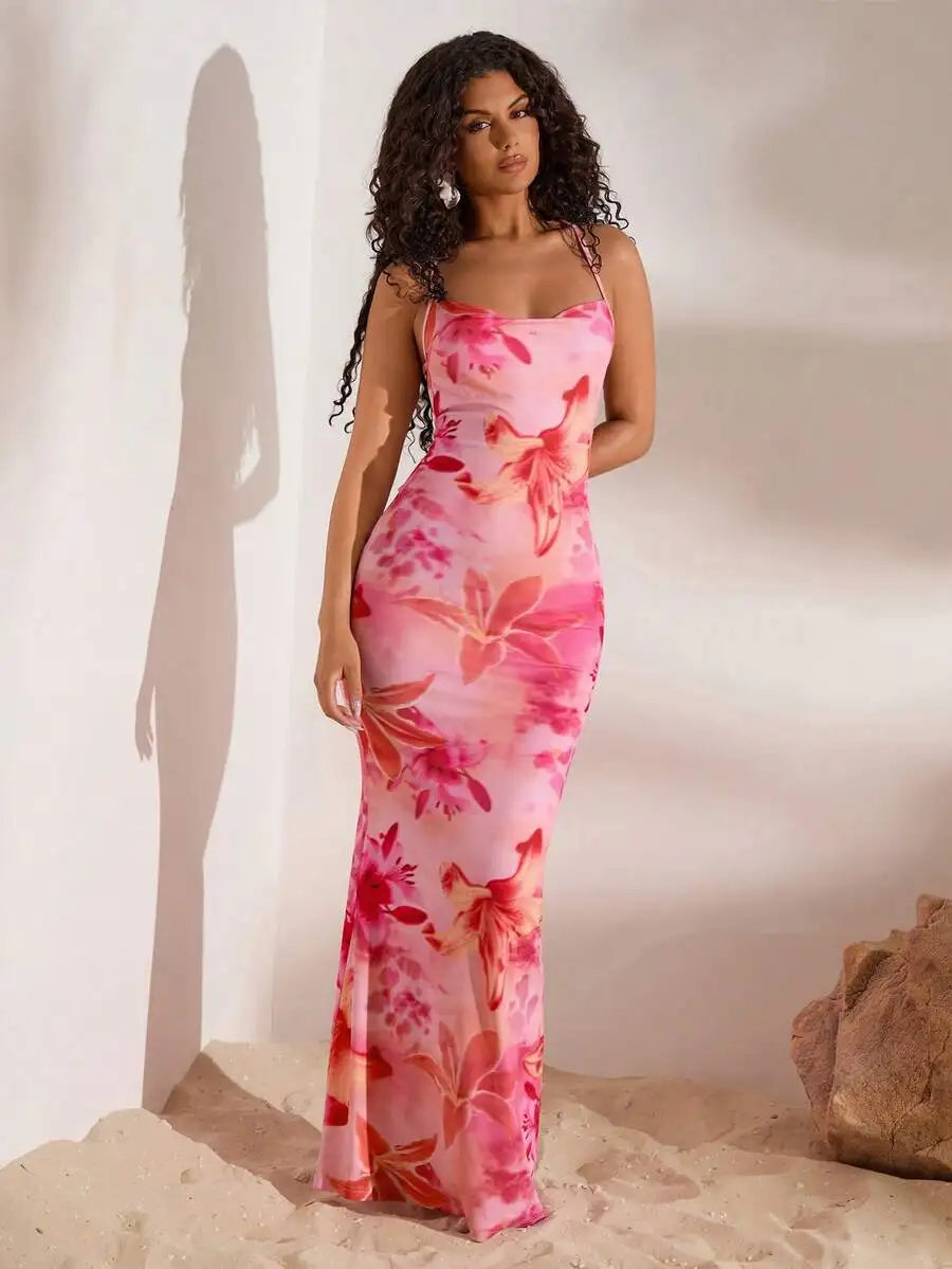 Side view of the floral knit maxi dress