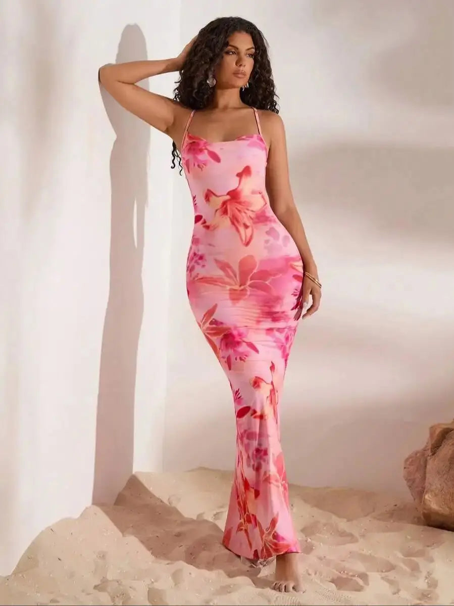 Full length view of the pink floral knit maxi dress
