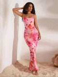 Full length view of the pink floral knit maxi dress