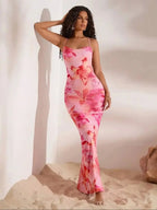 Full length view of the pink floral knit maxi dress