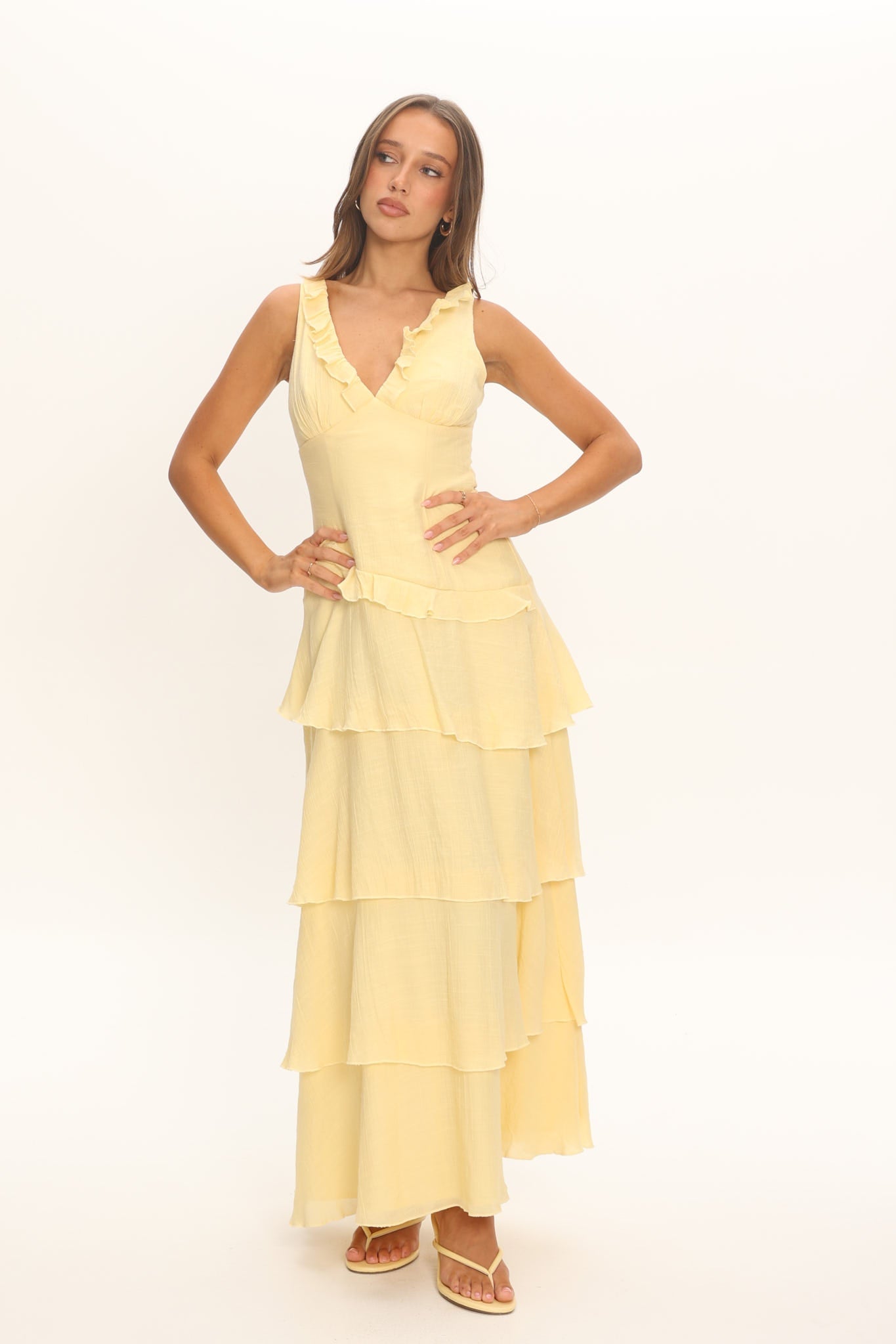Floral V-neck maxi dress with frill trim