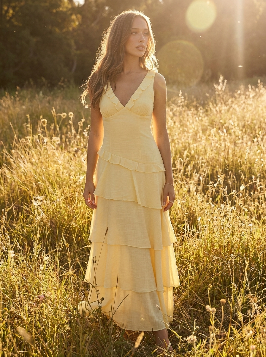 Woman wearing the pale yellow V-neck tiered frill maxi dress in a sunlit meadow