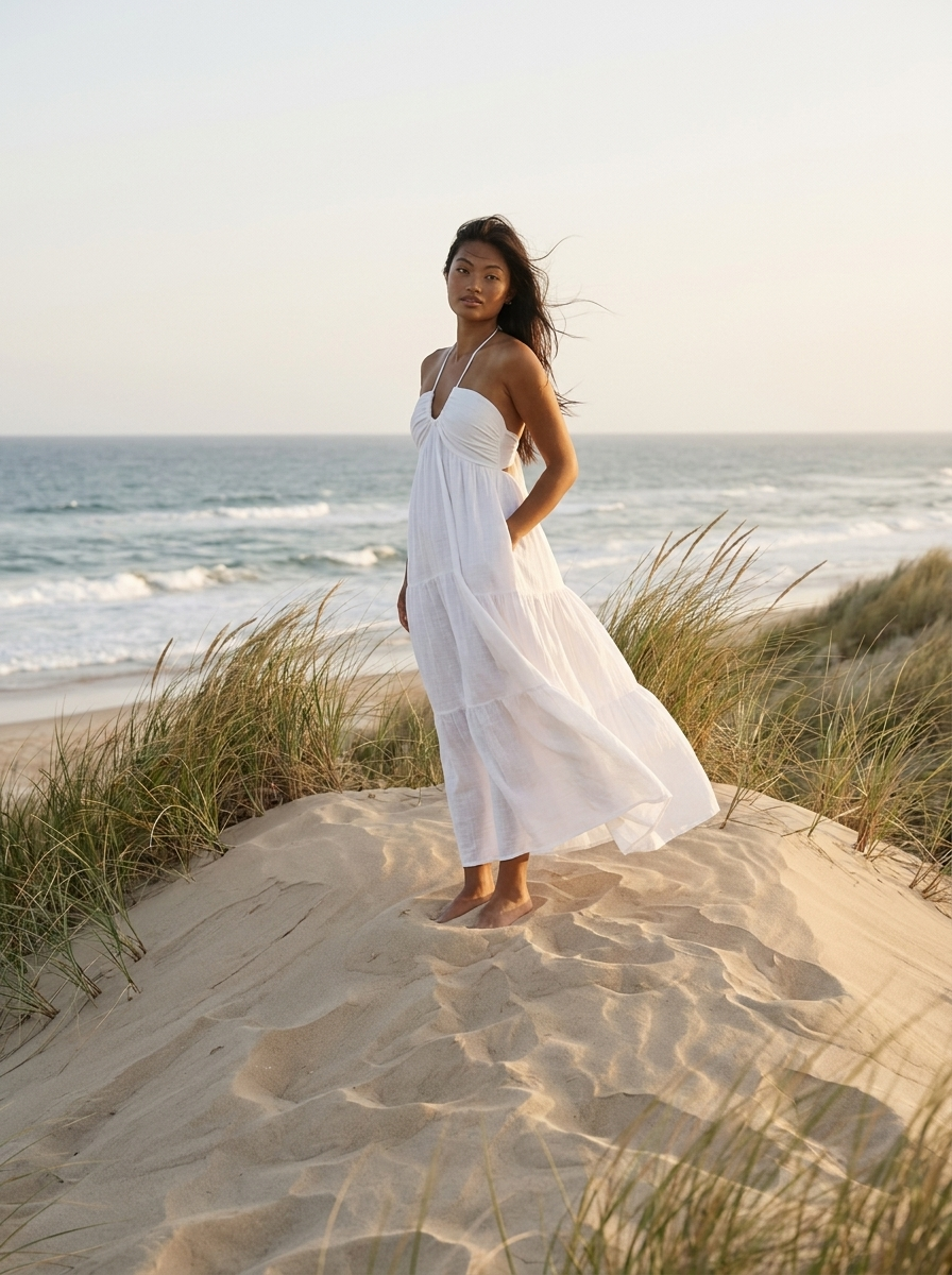 Woman wearing the white flowy lightweight maxi dress on a coastal sand dune