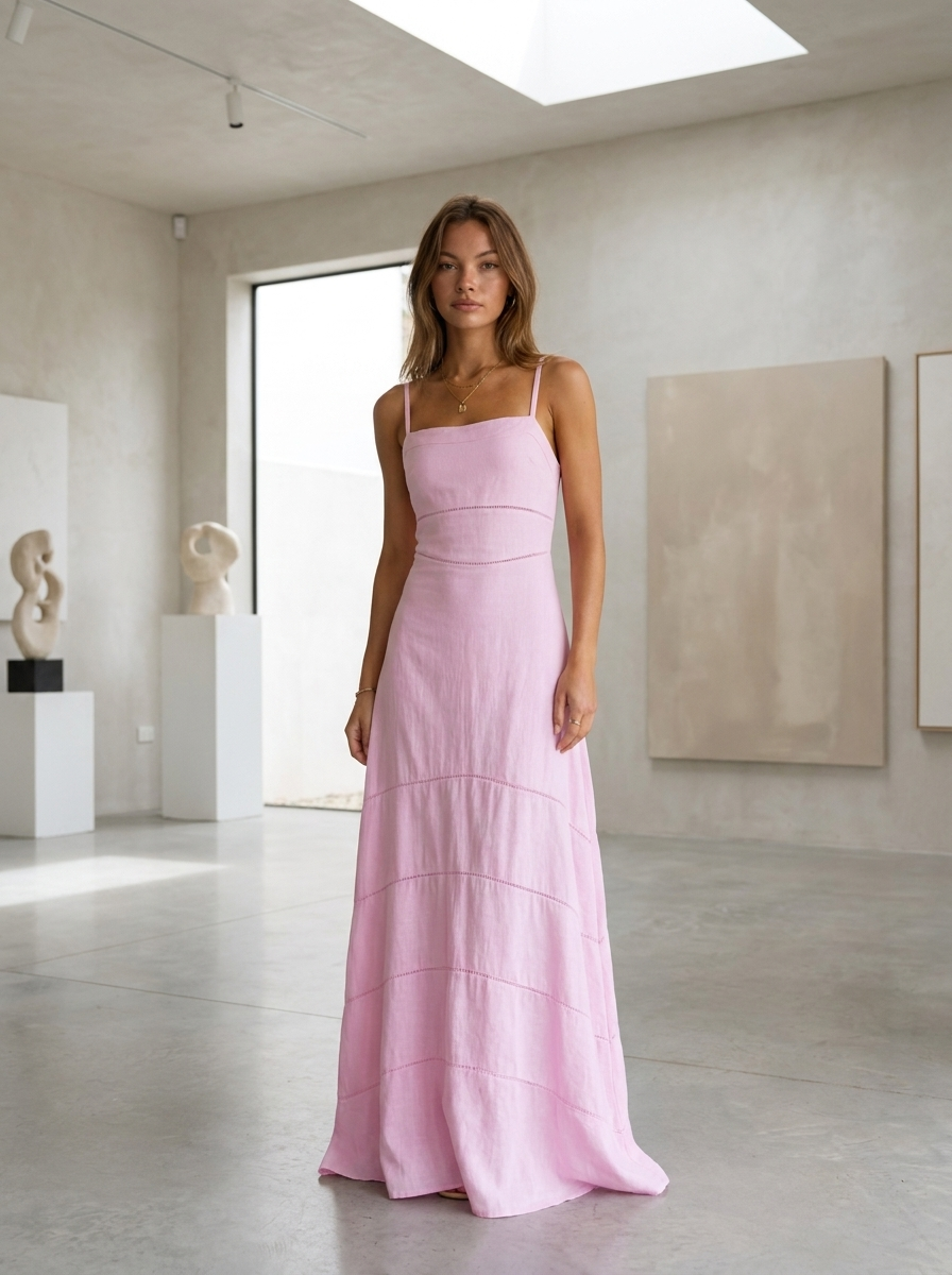 Woman wearing the pink minimalist floor-length flowy maxi dress in a bright gallery