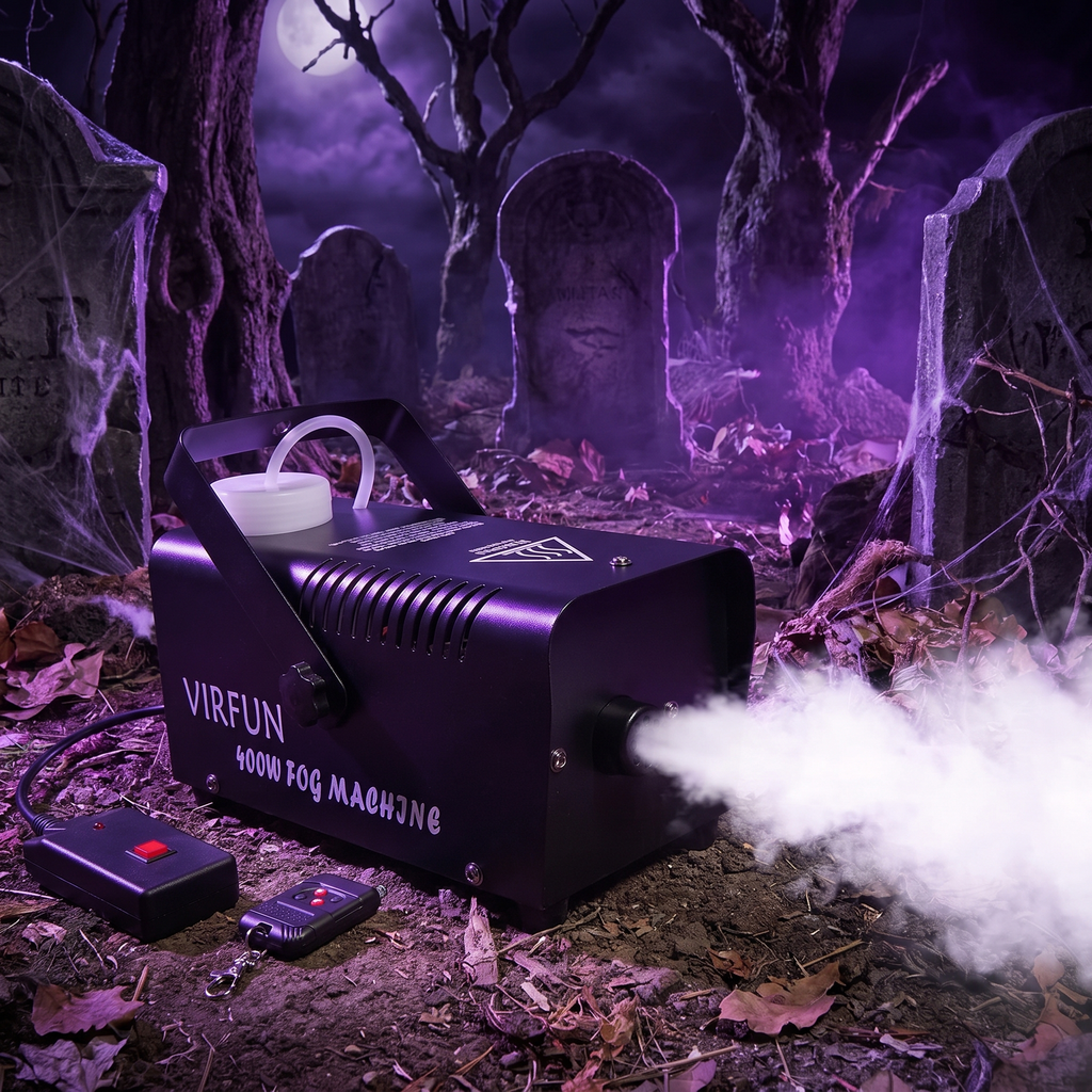400W fog machine pumping fog across a Halloween graveyard scene at night