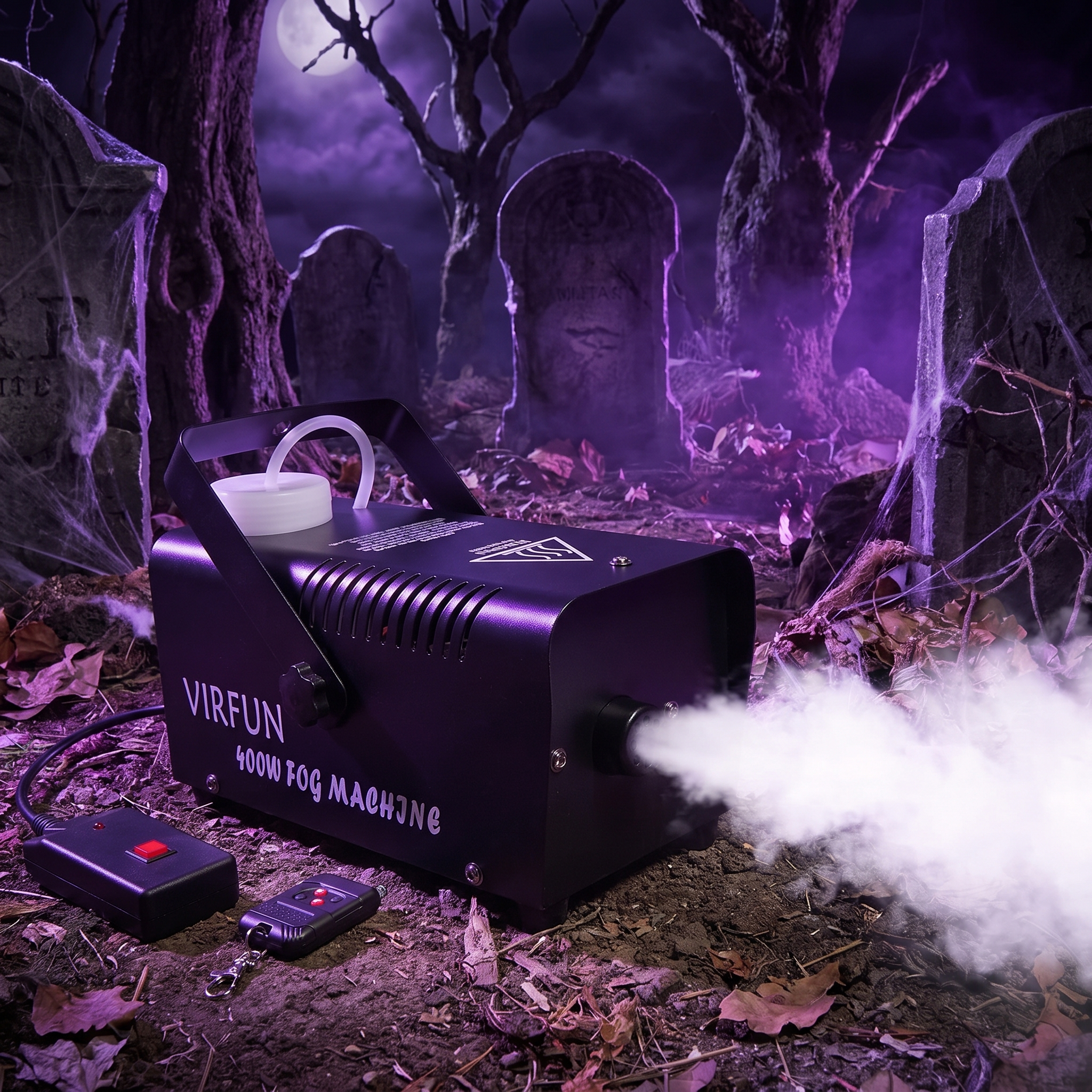 400W fog machine pumping fog across a Halloween graveyard scene at night