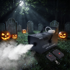 Fog machine spreading low fog over a Halloween yard with tombstones
