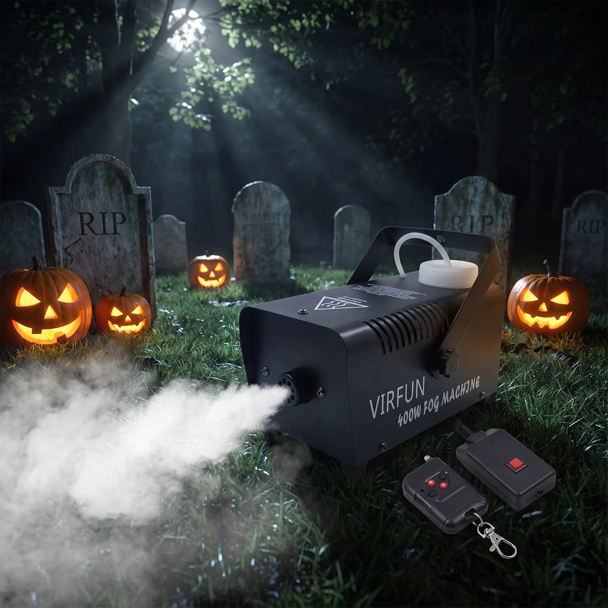 Fog machine spreading low fog over a Halloween yard with tombstones