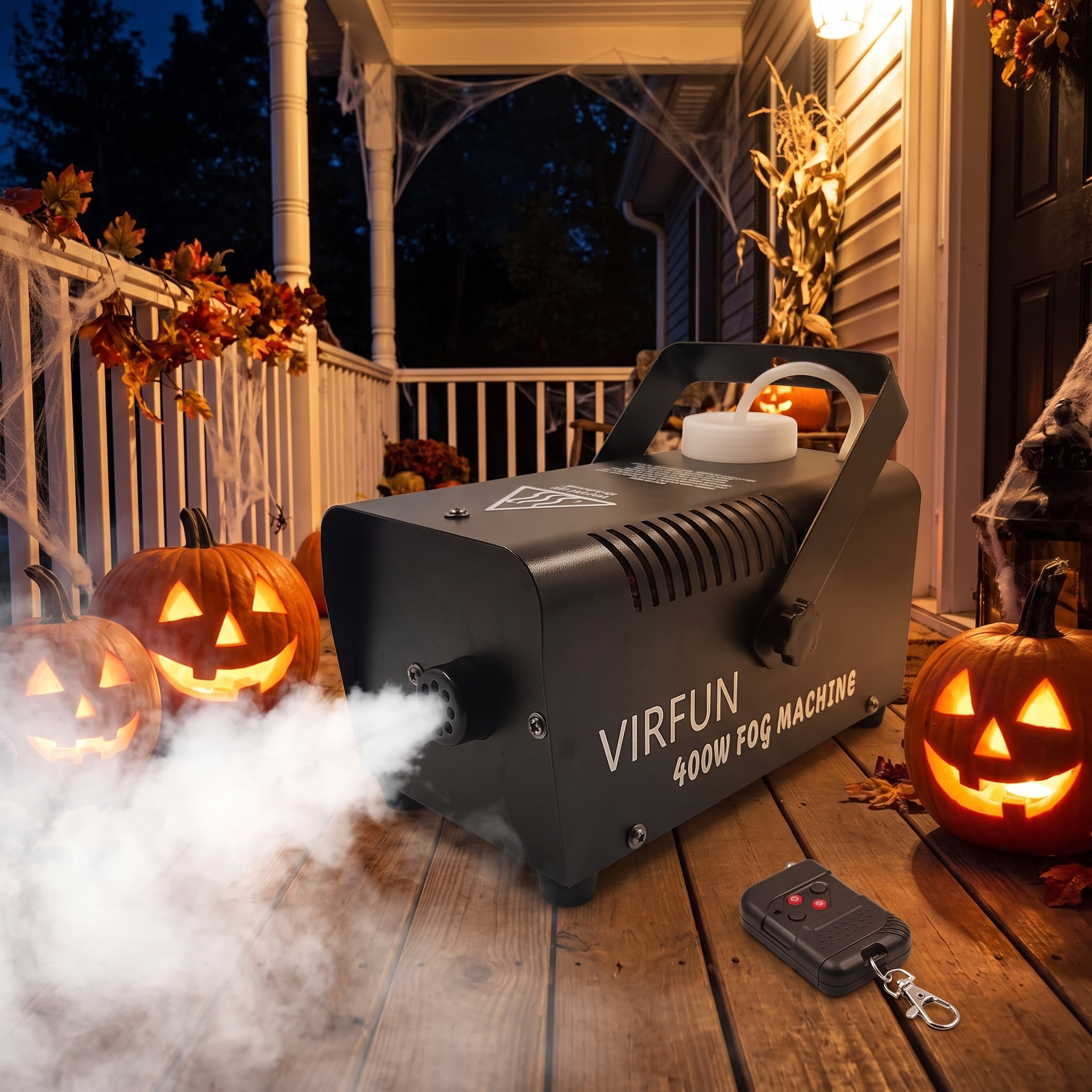 400W fog machine on a Halloween porch with pumpkins and rolling fog