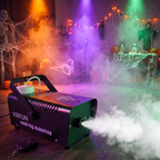Fog machine filling a Halloween party room with fog and colored lights