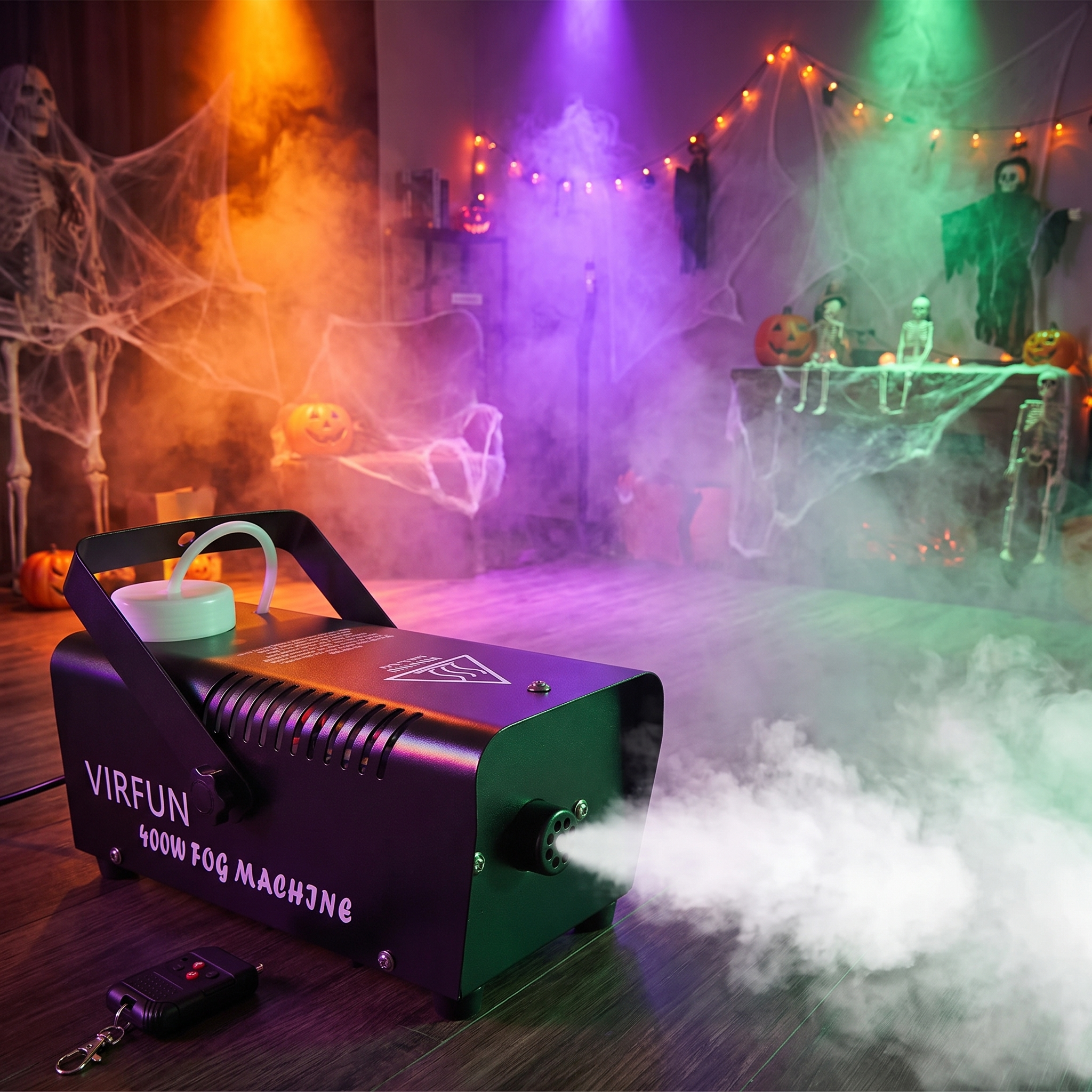 Fog machine filling a Halloween party room with fog and colored lights