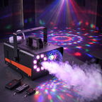 800W fog machine pumping fog with colorful RGB disco lights in a dark party room