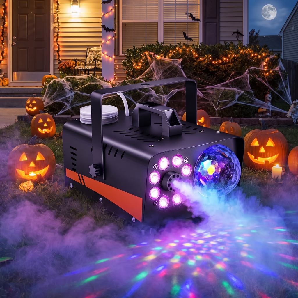 Fog machine pushing low fog across a decorated Halloween yard at night