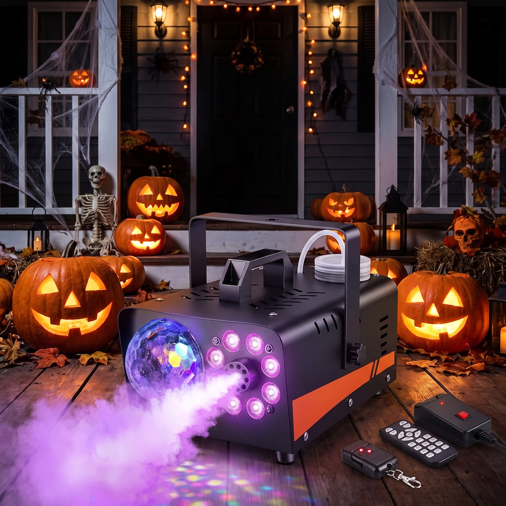 Fog machine with disco lights on a decorated Halloween porch with pumpkins