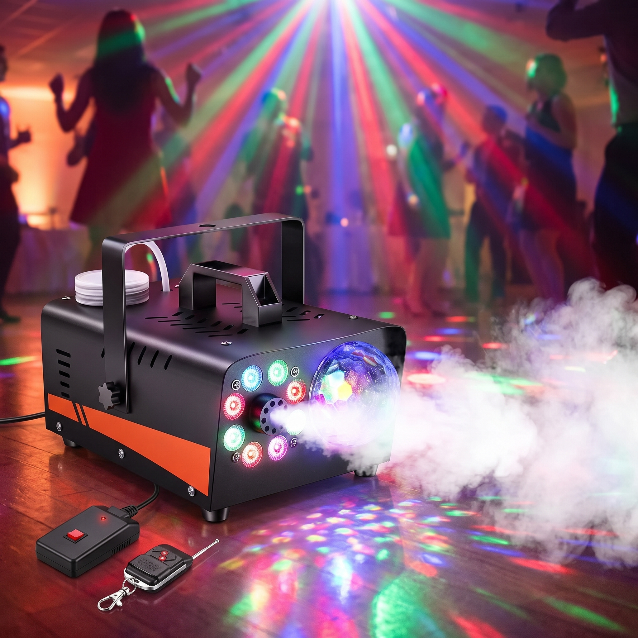 Fog machine filling a party dancefloor with fog and colored light