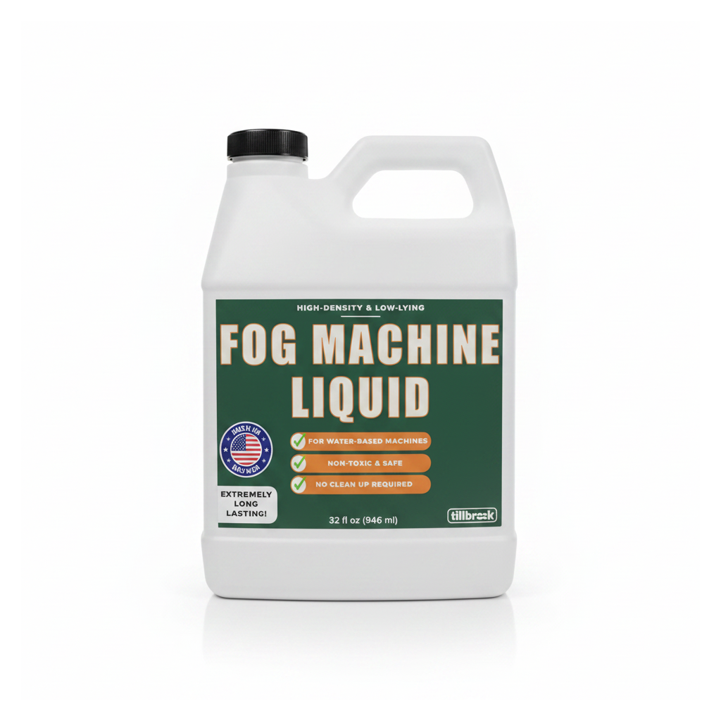 Fog machine liquid 32 oz bottle of water-based fog juice on a white background