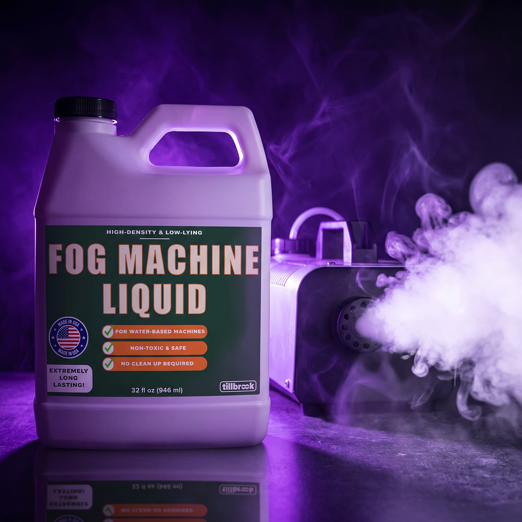 32 oz fog machine liquid bottle beside a fog machine pumping fog